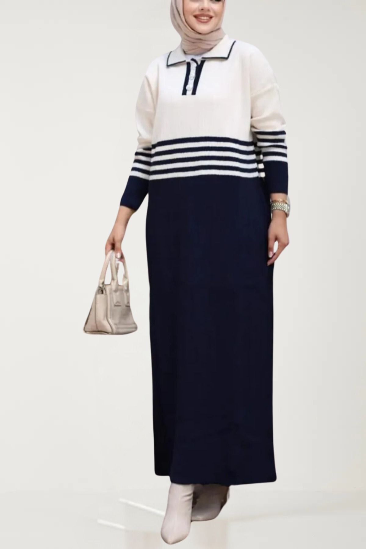 YUMİSO-Polo Neck Long Sleeve Striped Knitwear Dress 5