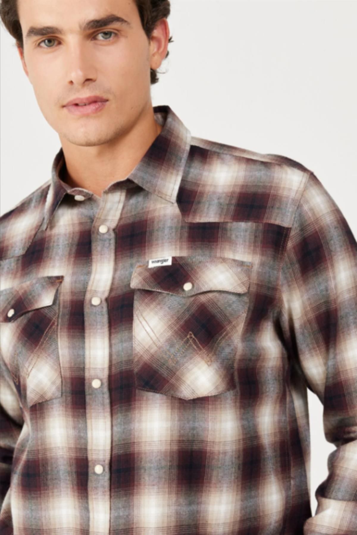 پیراهن / بلوز دکمه دار قرمز مردانه W556B3H68 Bordeaux Krem Karel با Wrangler