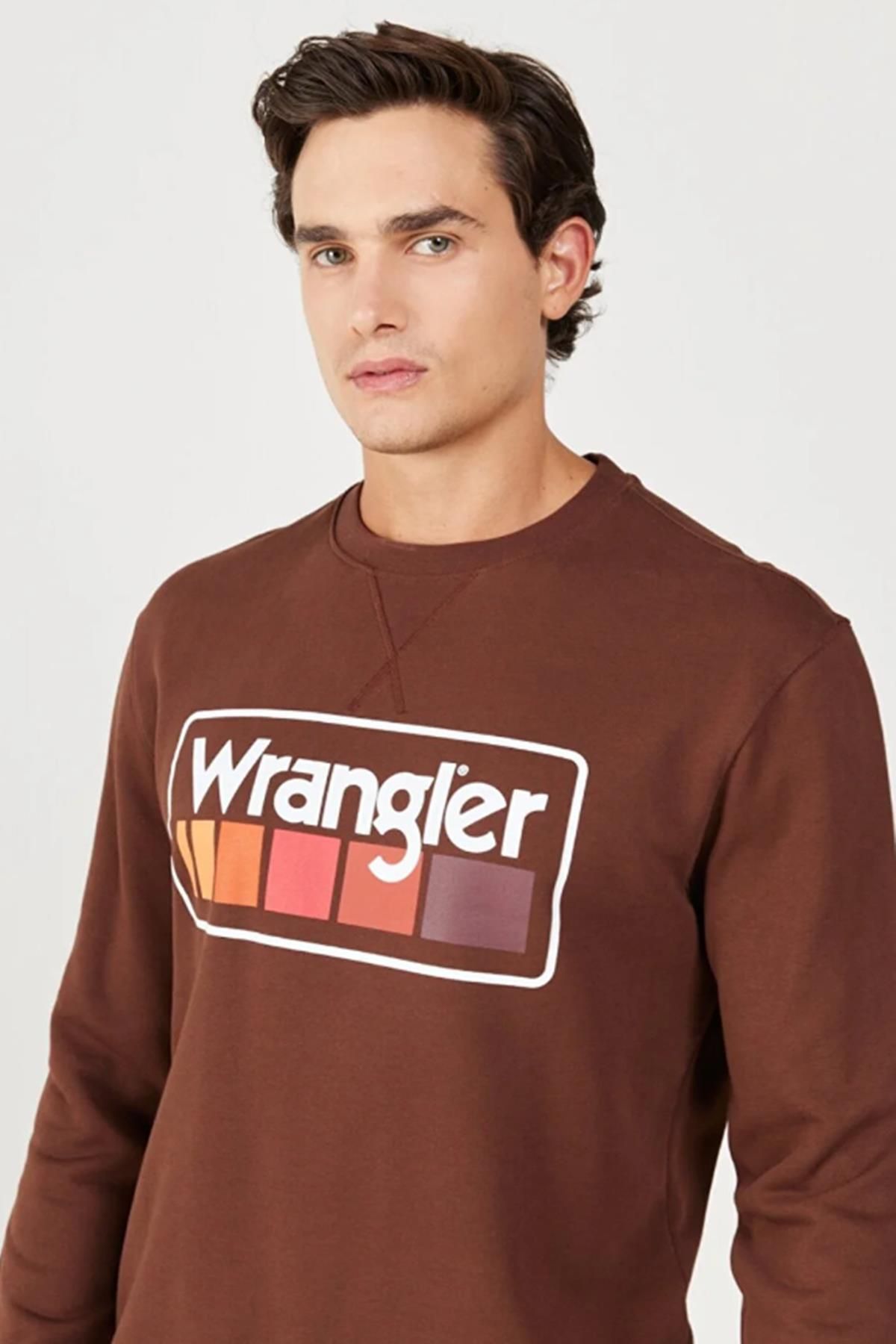 سویشرت چند رنگ مردانه W646H1H44 یقه دوچرخه طرح دار قهوه ای عرق Wrangler