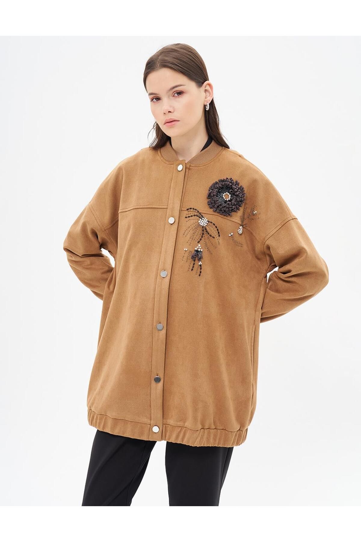 Kayra-Camel Suede Jacket - Embroidered Detailed 4