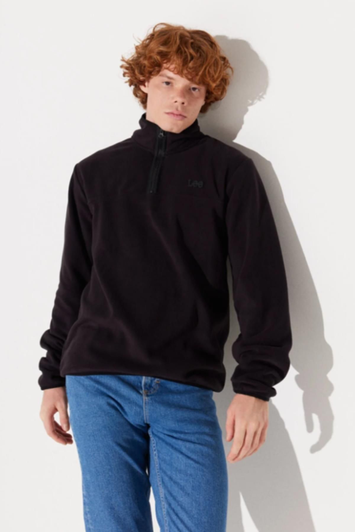 سویشرت مشکی مردانه سیاه L232381001 Half Zipper Fisherman Collar Polar Lee