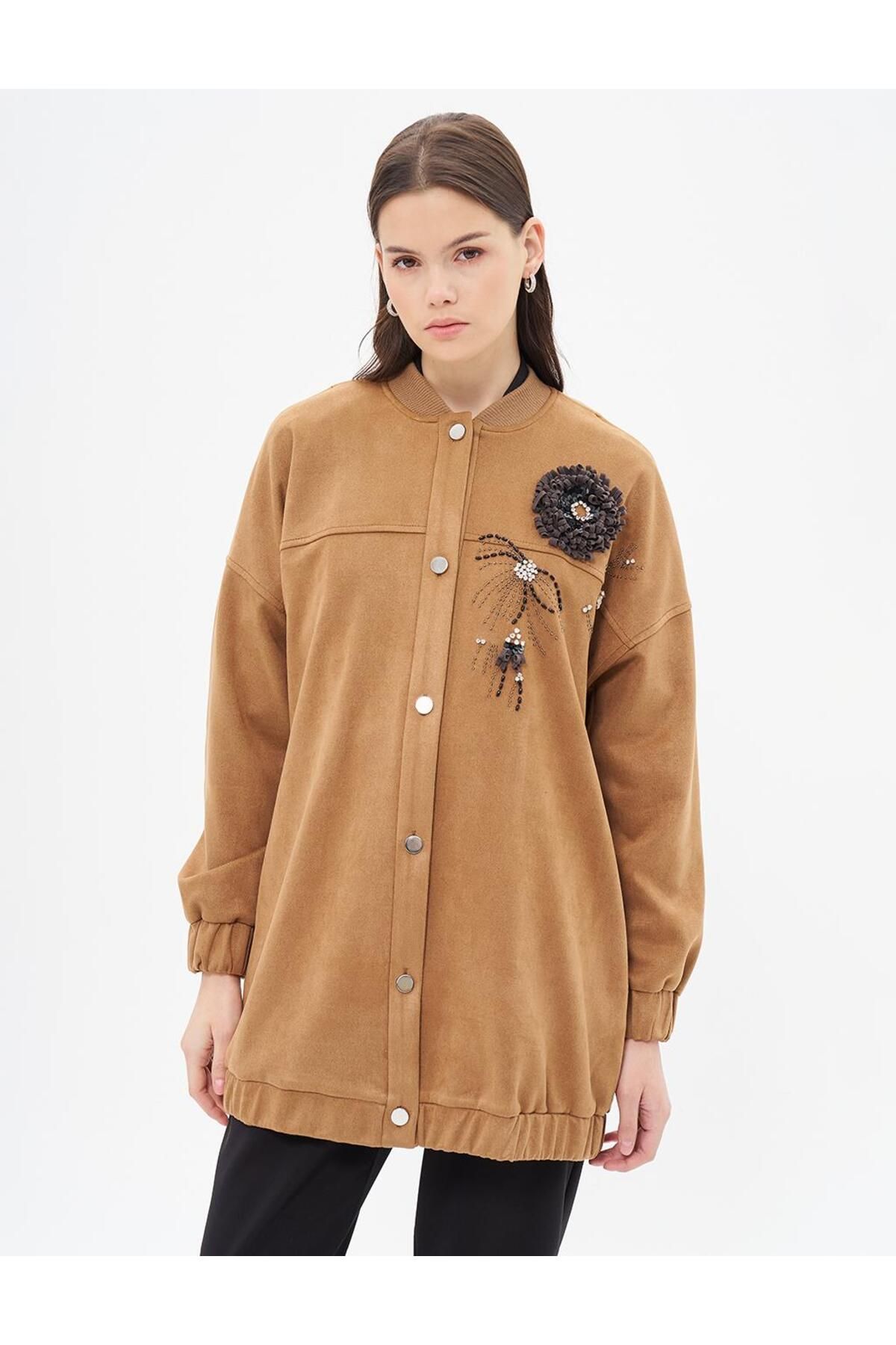 Kayra-Camel Suede Jacket - Embroidered Detailed 2