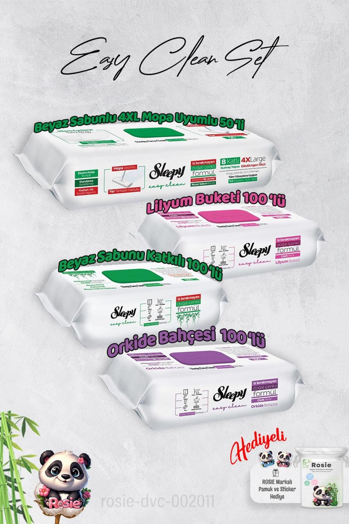 Sleepy Beyaz Sabun, Orkide,Lilyum ve 4 XL 50'li Beyaz Sabunlu Mop Yüzey Temizlik Havlusu Hediye Rosi