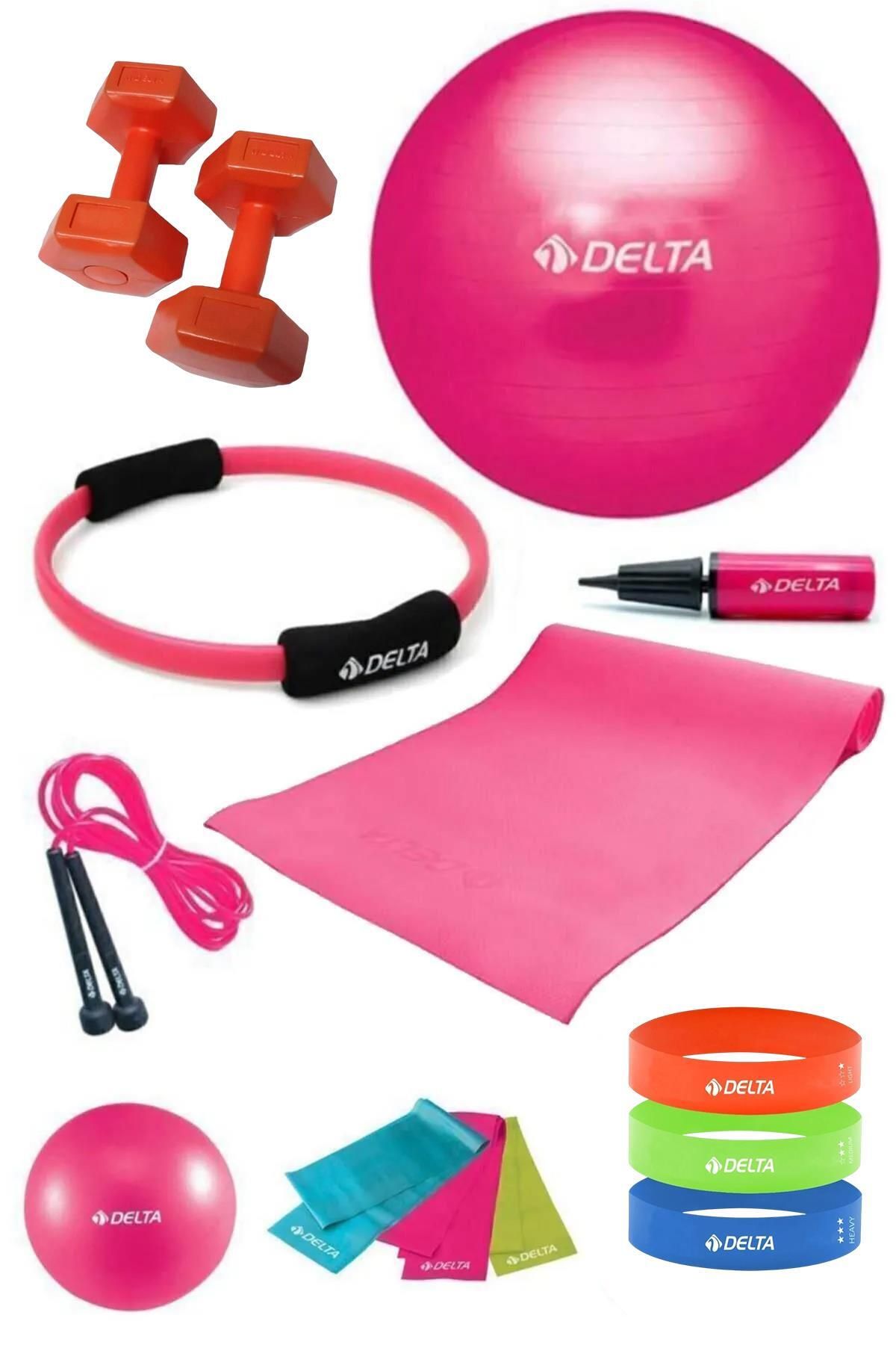 Delta 140 - 159 Cm Boya Uygun 14 Parça Pilates Seti 55 Cm Top 4 Mm Minder Çember Squat Bandı 1 Kg Dambıl