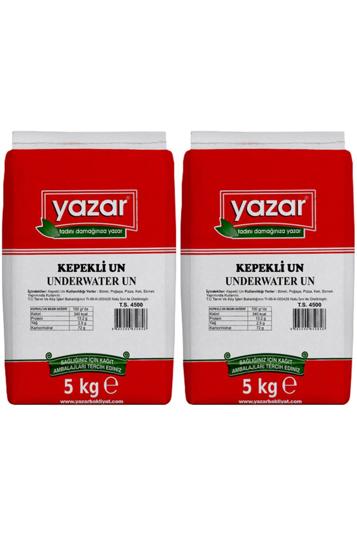 YAZAR Taş değirmende Öğütülmüş Tam Buğday Kepekli Un 5 Kg X 2 Paket