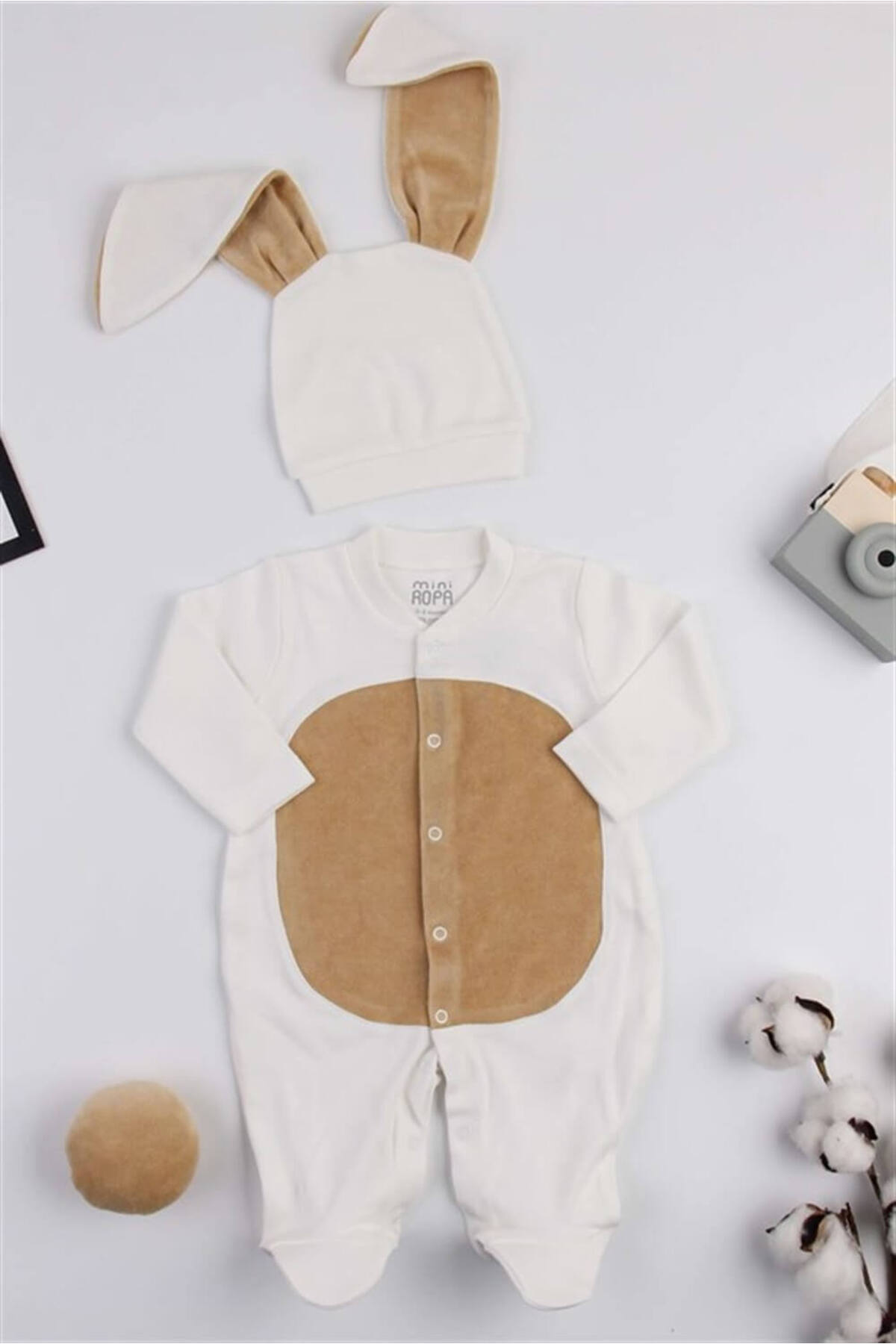 Mini Ropa Ekru Renk Bebek Tavşan Ponponlu Tavşan Kulaklı Tulum Bebek Hediyesi Bebek Fotoğtaf Çekimi Ürünü fotoğrafı 5 (önizleme)