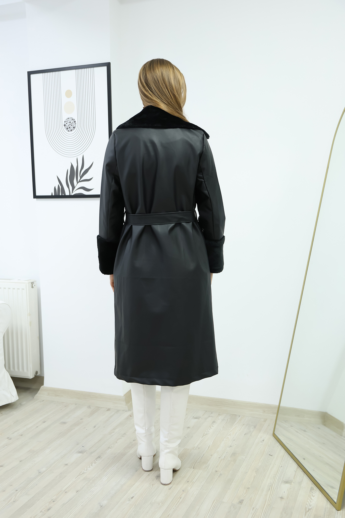 İKLİM LİFE  KOL YAKA KÜRKLÜ KEMERLİ KABAN - Görsel 5