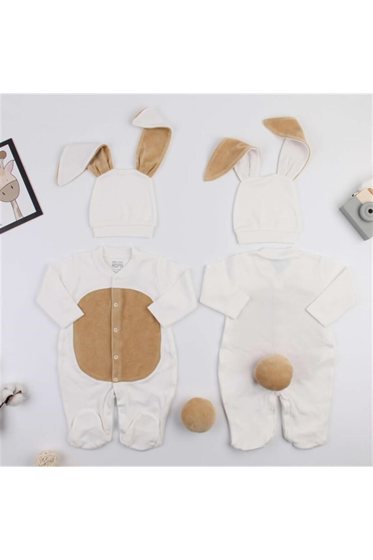 Mini Ropa Ekru Renk Bebek Tavşan Ponponlu Tavşan Kulaklı Tulum Bebek Hediyesi Bebek Fotoğtaf Çekimi Ürünü fotoğrafı 4 (önizleme)