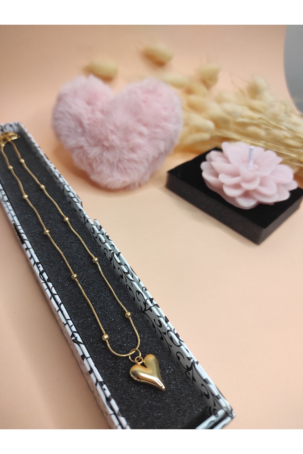 Liwu Store Kadın Kalpli Çelik Kolye Peluş Anahtarlık Hediyeli