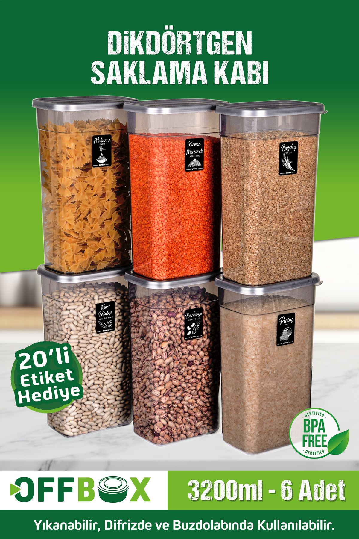 OFFBOX-3.2 Lt. 6-Piece Large Size Storage Set - Rectangular Nuts and Food Pulses Box with 20 Labels 1