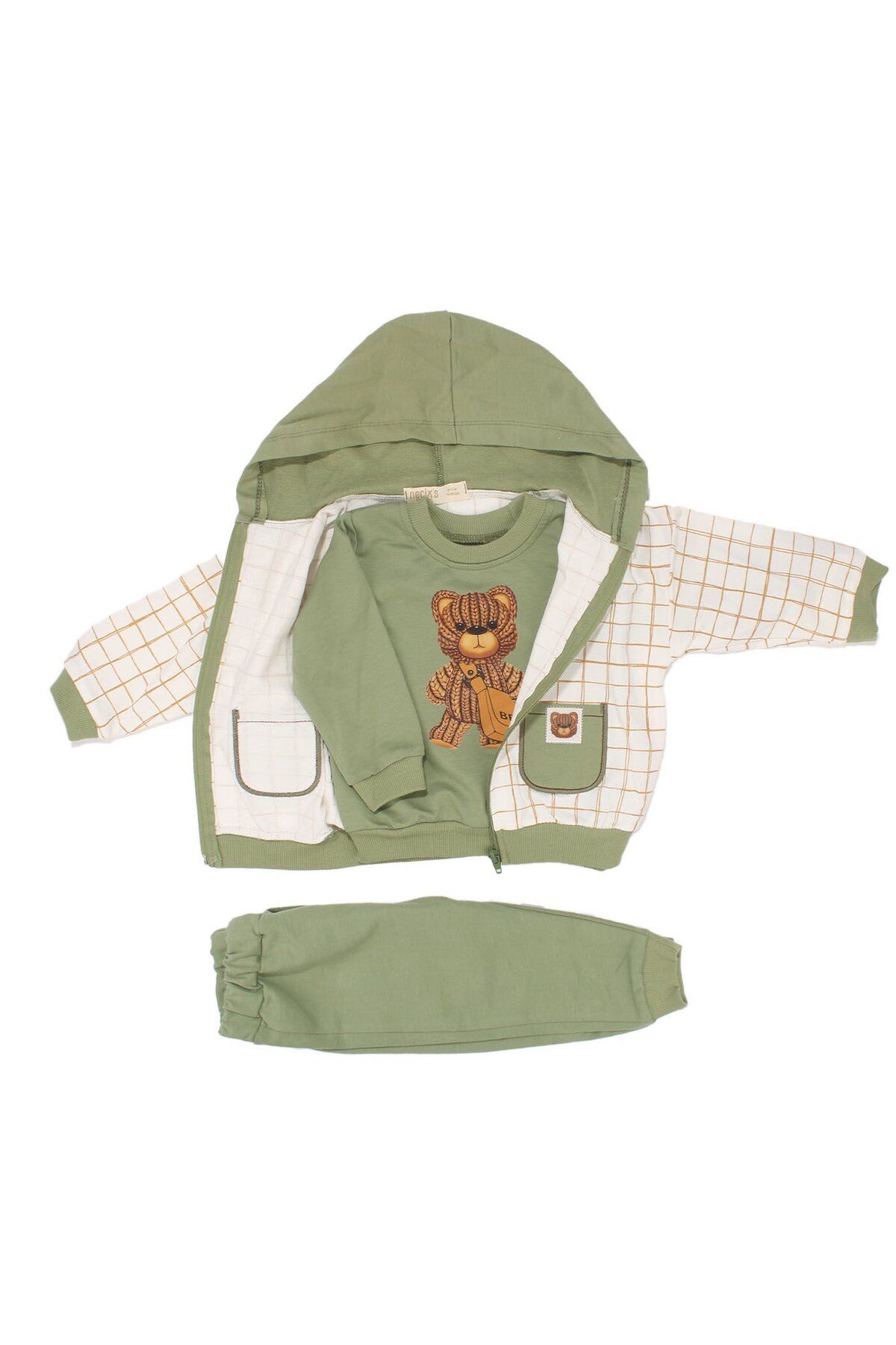 Butik Erkek Bebek Ekru Yeşil Kareli Cepli Ayıcık Armalı Kapüşonlu 3'lü Set