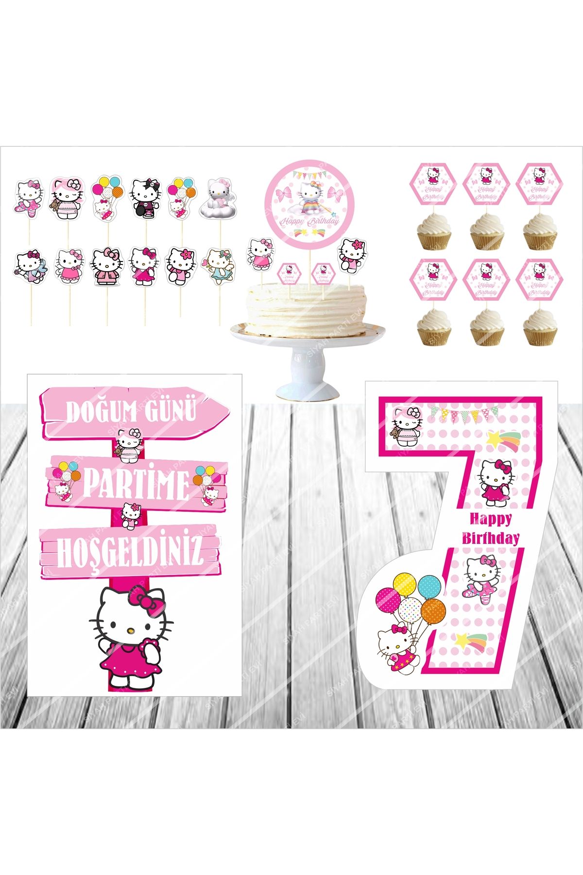 SİYAH PARTİ EVİ Hello Kitty 7 Yaş Doğum Günü Pasta Süsü Masa Maketi Seti