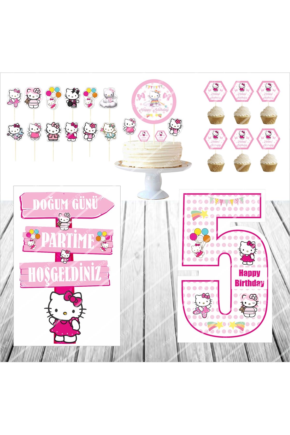 SİYAH PARTİ EVİ Hello Kitty 5 Yaş Doğum Günü Pasta Süsü Masa Maketi Seti