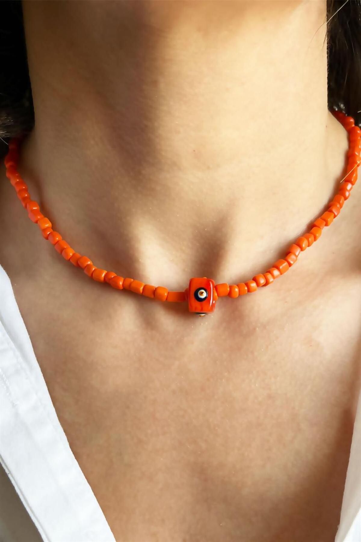 Sose Moda-Orange Evil Eye Bead Detailed Necklace 2