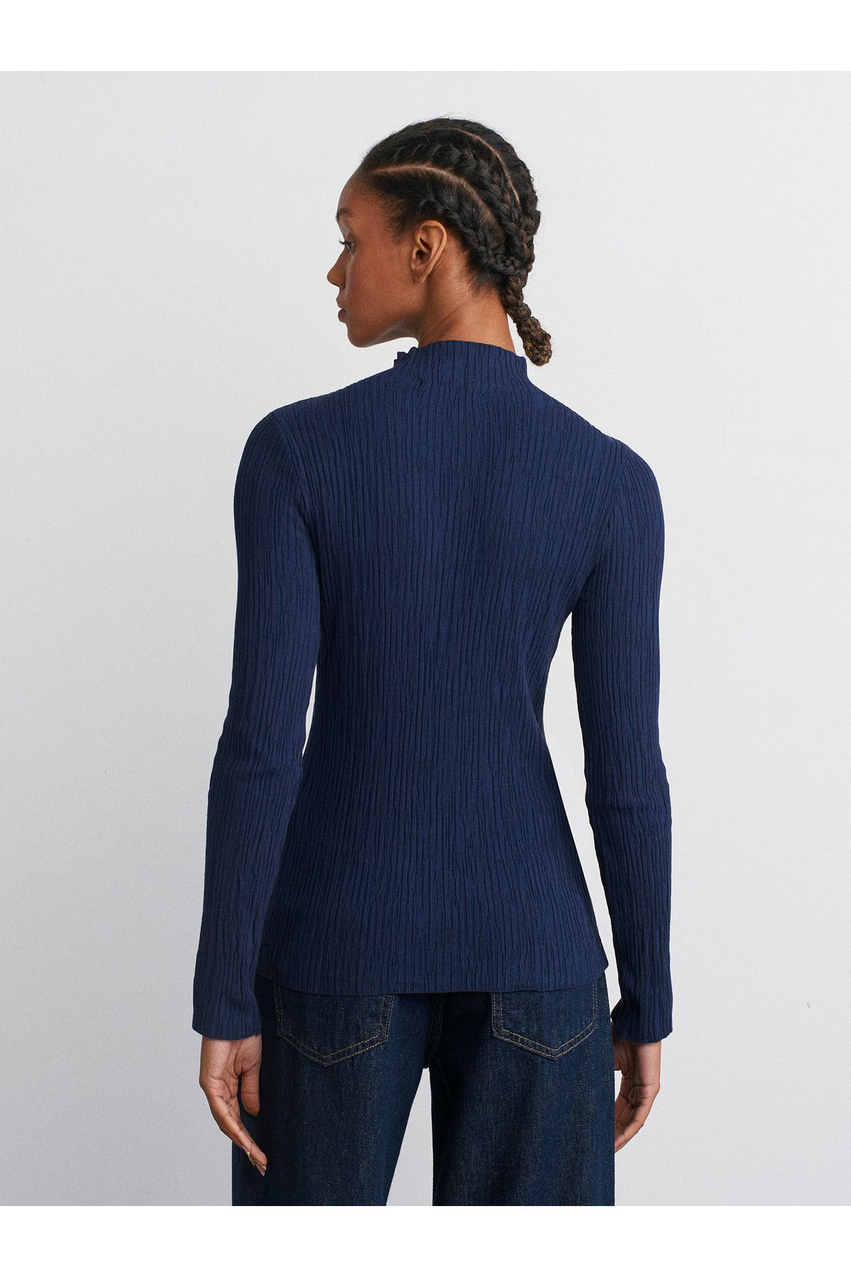 Dilvin-10631 Stand Collar Thin Textured Knitwear Sweater-Navy 2