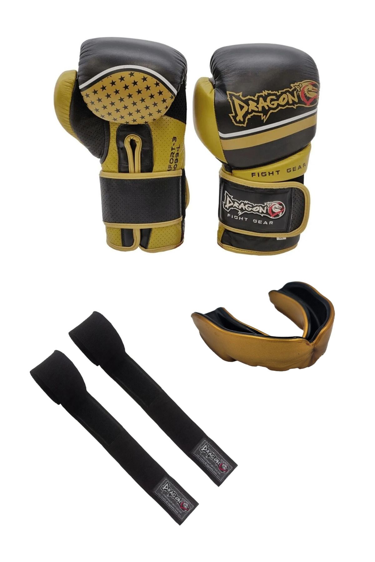 Dragondo Comfort  Deri Kick Boks, Muay Thai, Boks Eldiveni seti, Profesyonel Dişlik,5mt Boks Bandajı