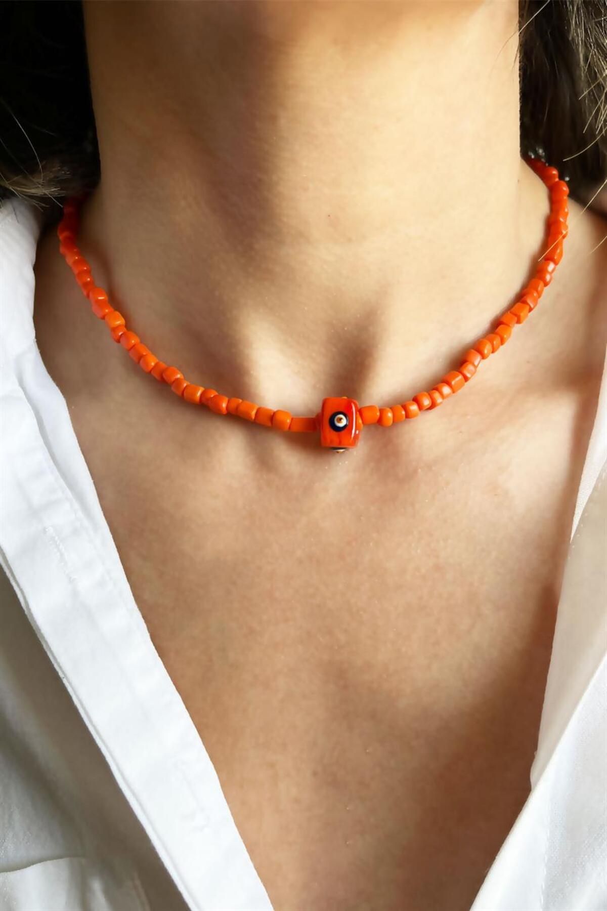 Sose Moda-Orange Evil Eye Bead Detailed Necklace 1