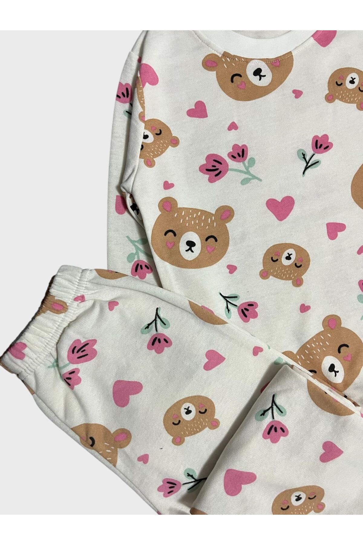 ALİŞ KİDS-Girl's White Raised Teddy Bear Heart Flower Long Sleeve Pajamas Set 3