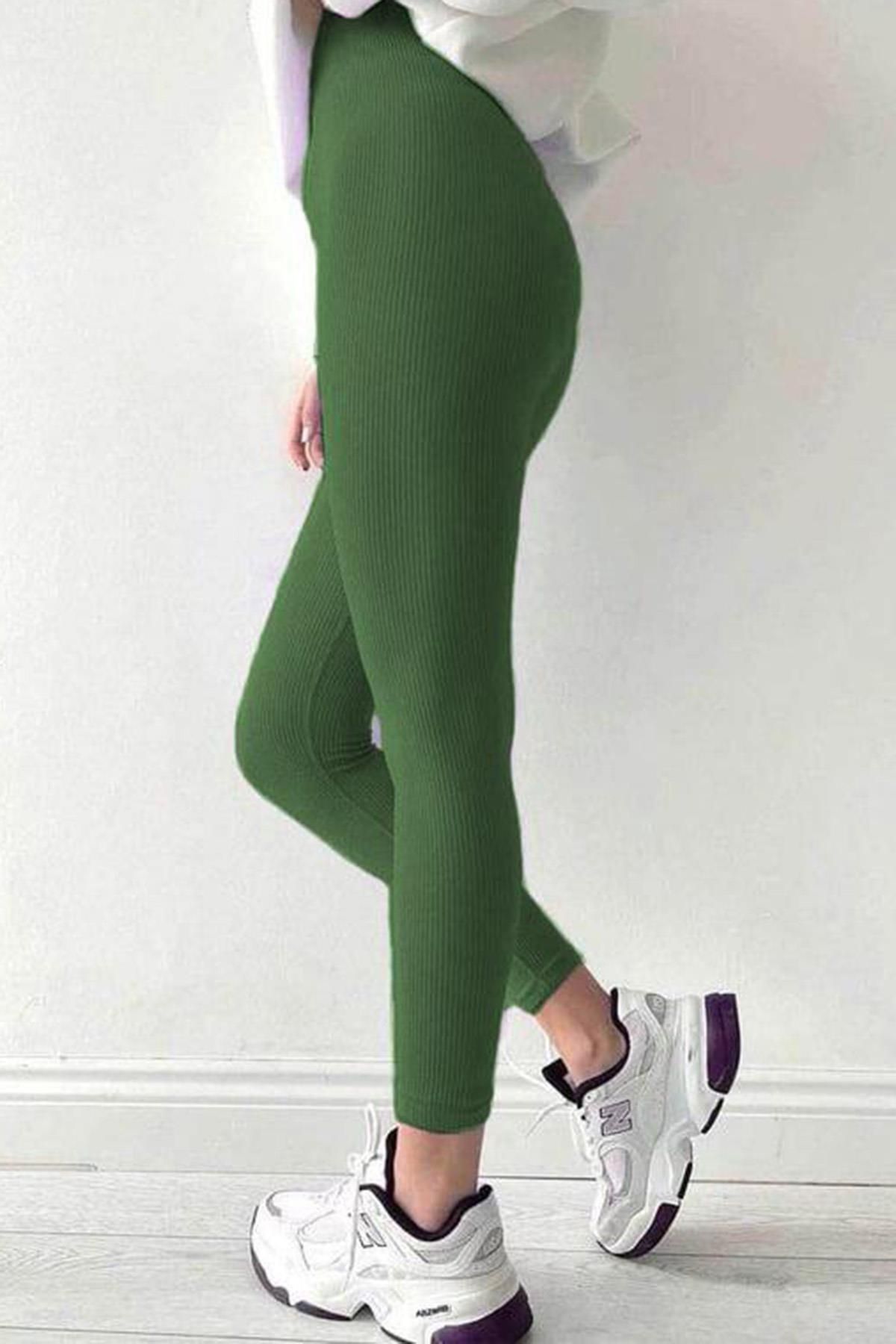 Madmext Damskie Prążkowane Legginsy Khaki Z Wysokim Stanem Mg1625 Kobieta - XL