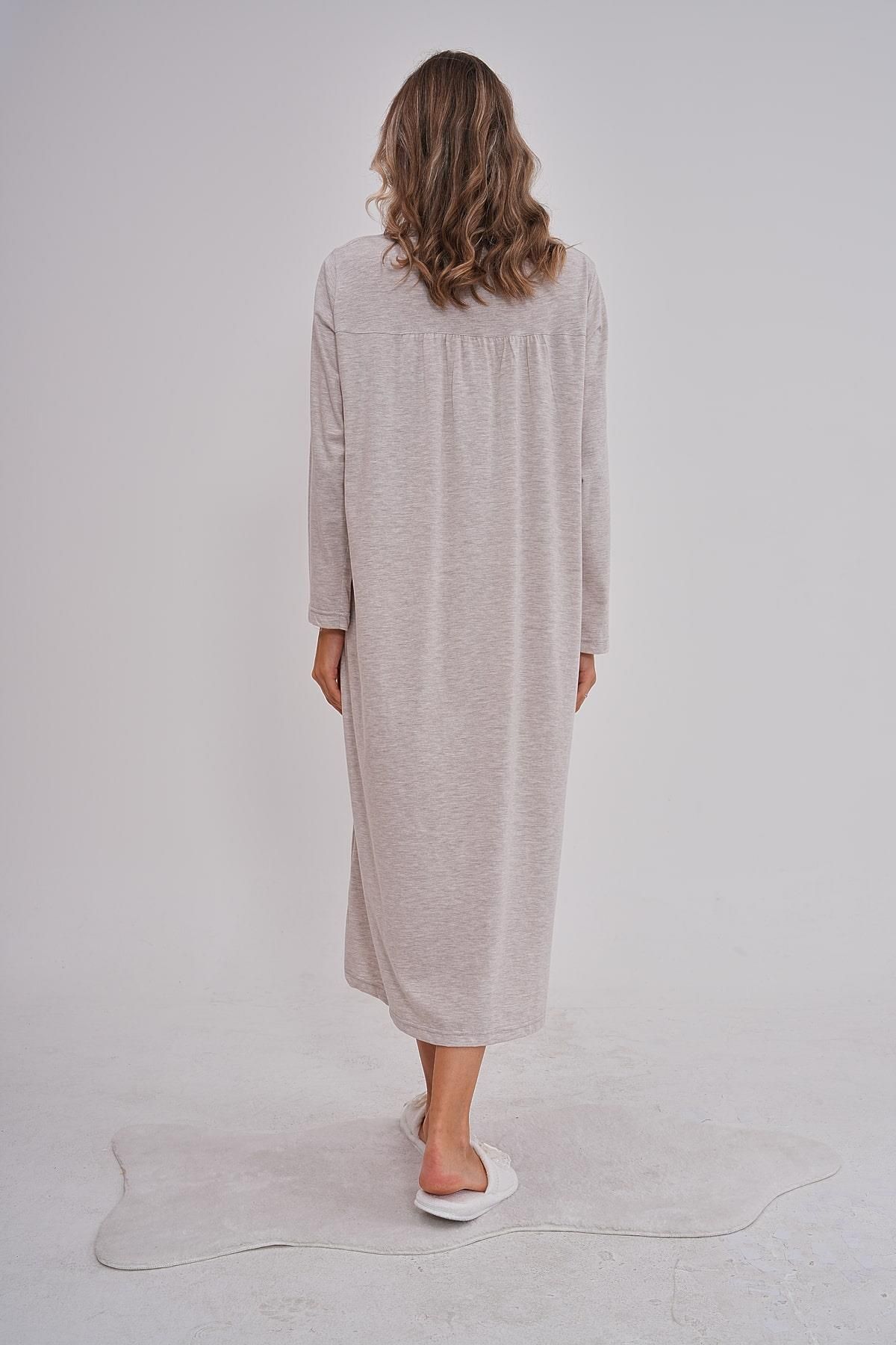 Mecit Pijama-Plus Size Mother's Nightgown with Long Sleeves and Buttons on the Collar 3