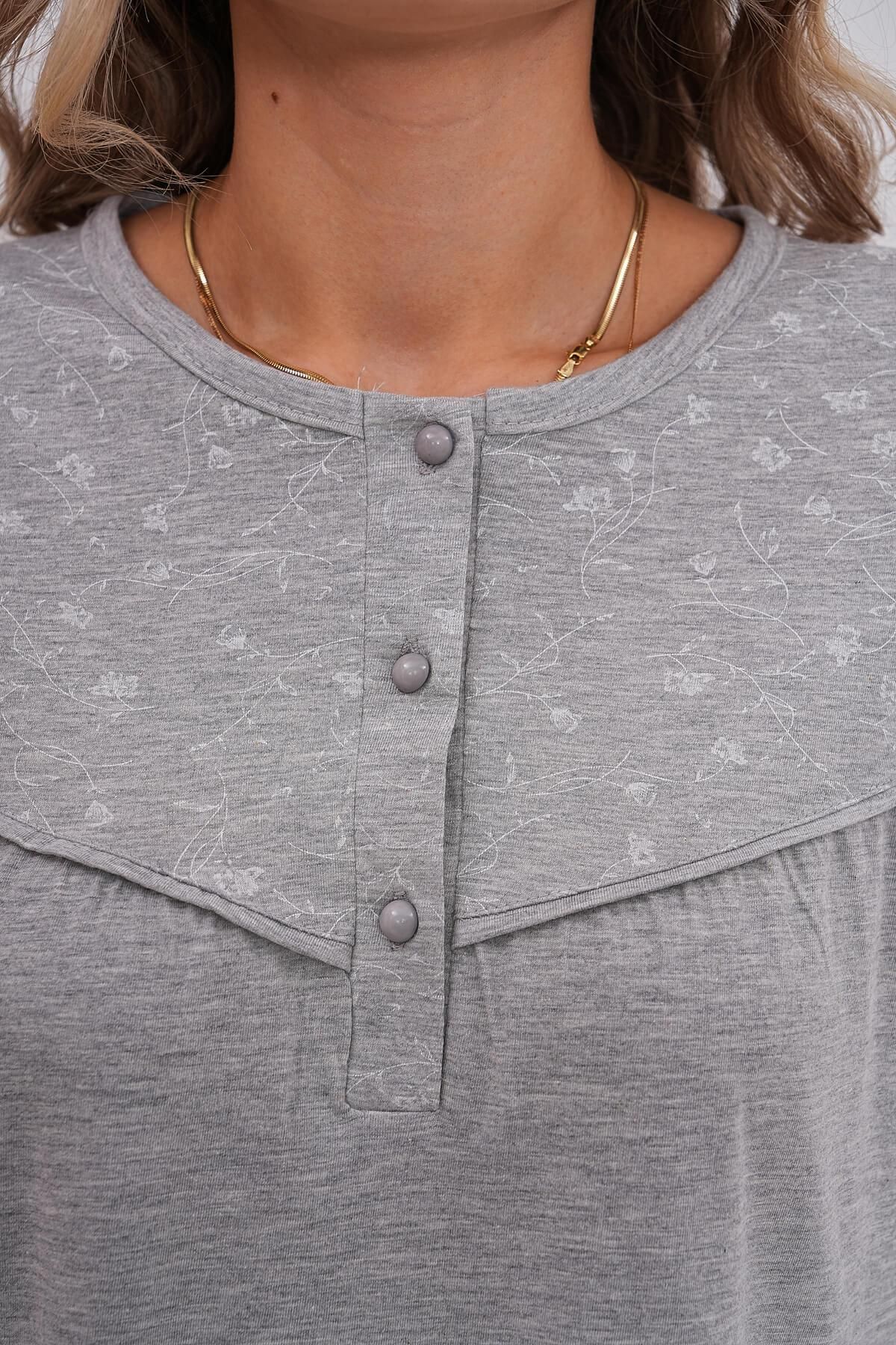 Mecit Pijama-Cotton & Viscose Fabric, Long Sleeve, Buttons on Collar, Plus Size Mother's Nightgown 1