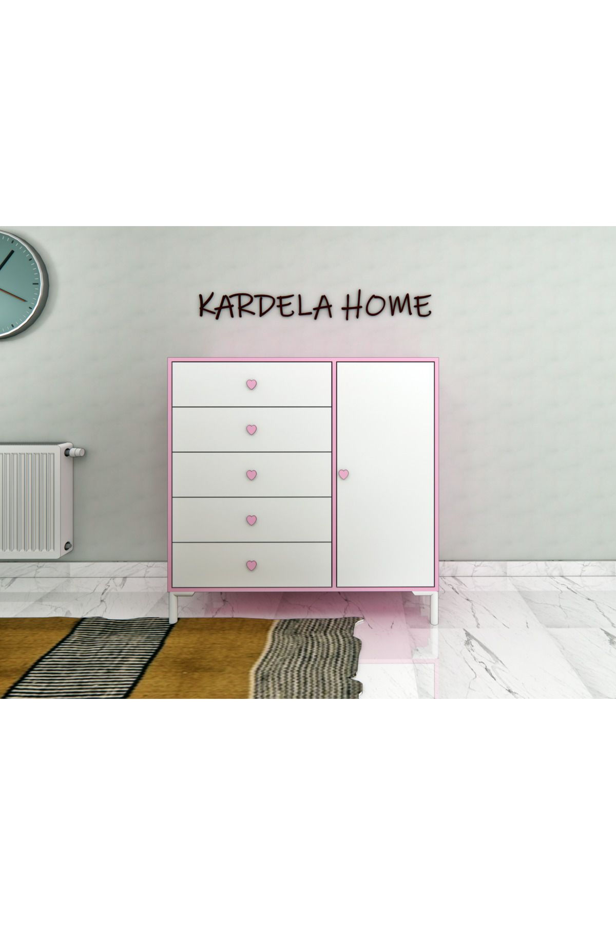 Kardelahome Kardela %100 Mdf Yetişkin ve Bebek Odası Çocuk Şifonyer 5 Çekmeceli Kapaklı Pembe ve Beyaz