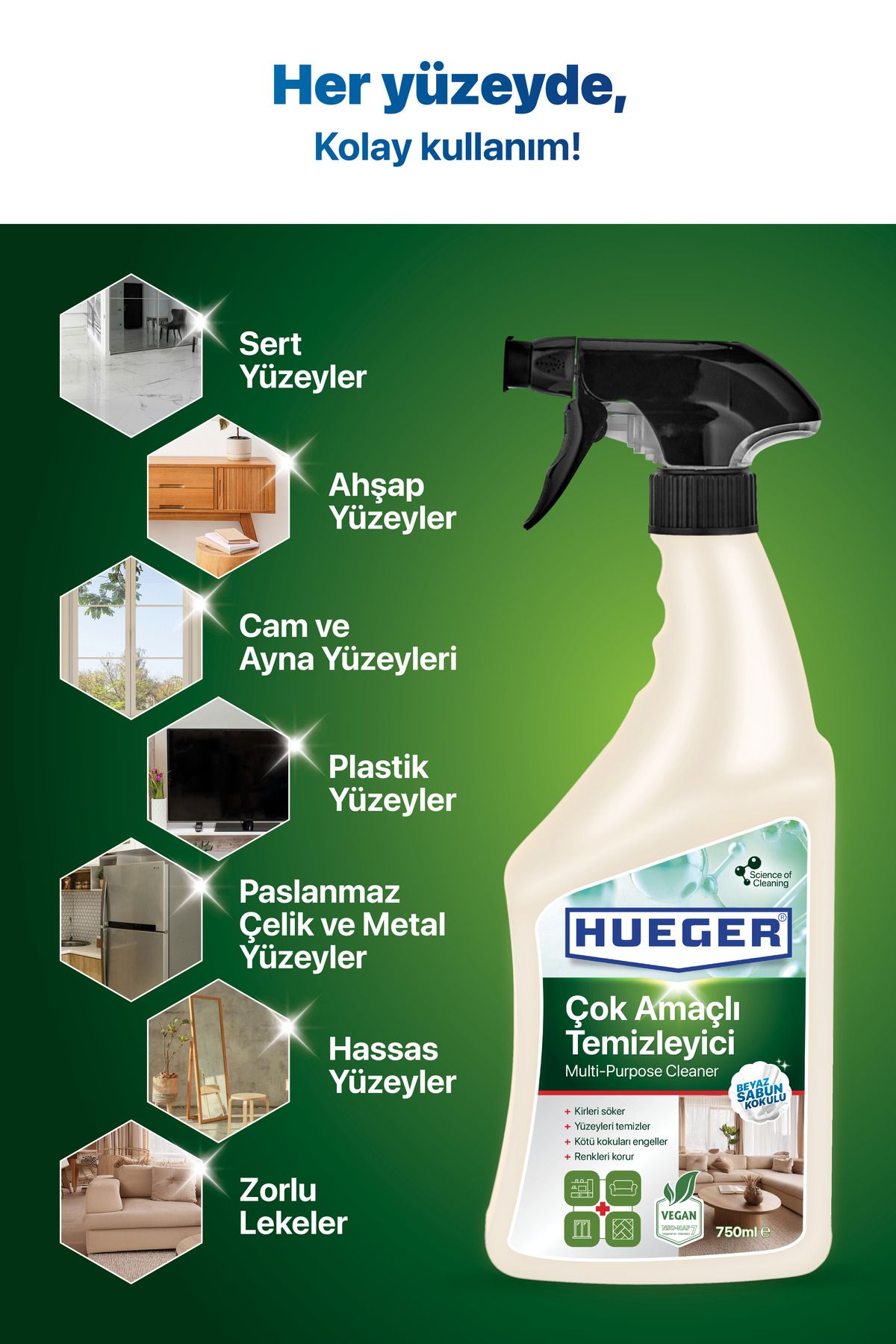 Hueger-Detergent multifuncțional vegan – Set de 3 produse de curățare puternice cu capete de spumă și pulverizare, cu parfum de săpun alb 4
