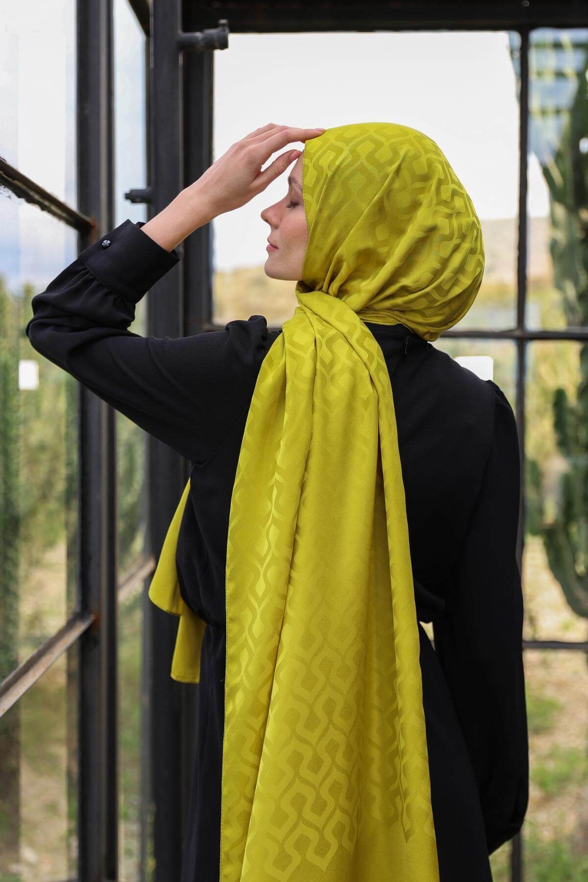 İpekhan-Drop Pattern Silky Jacquard Shawl Oil Green 9012-06 4