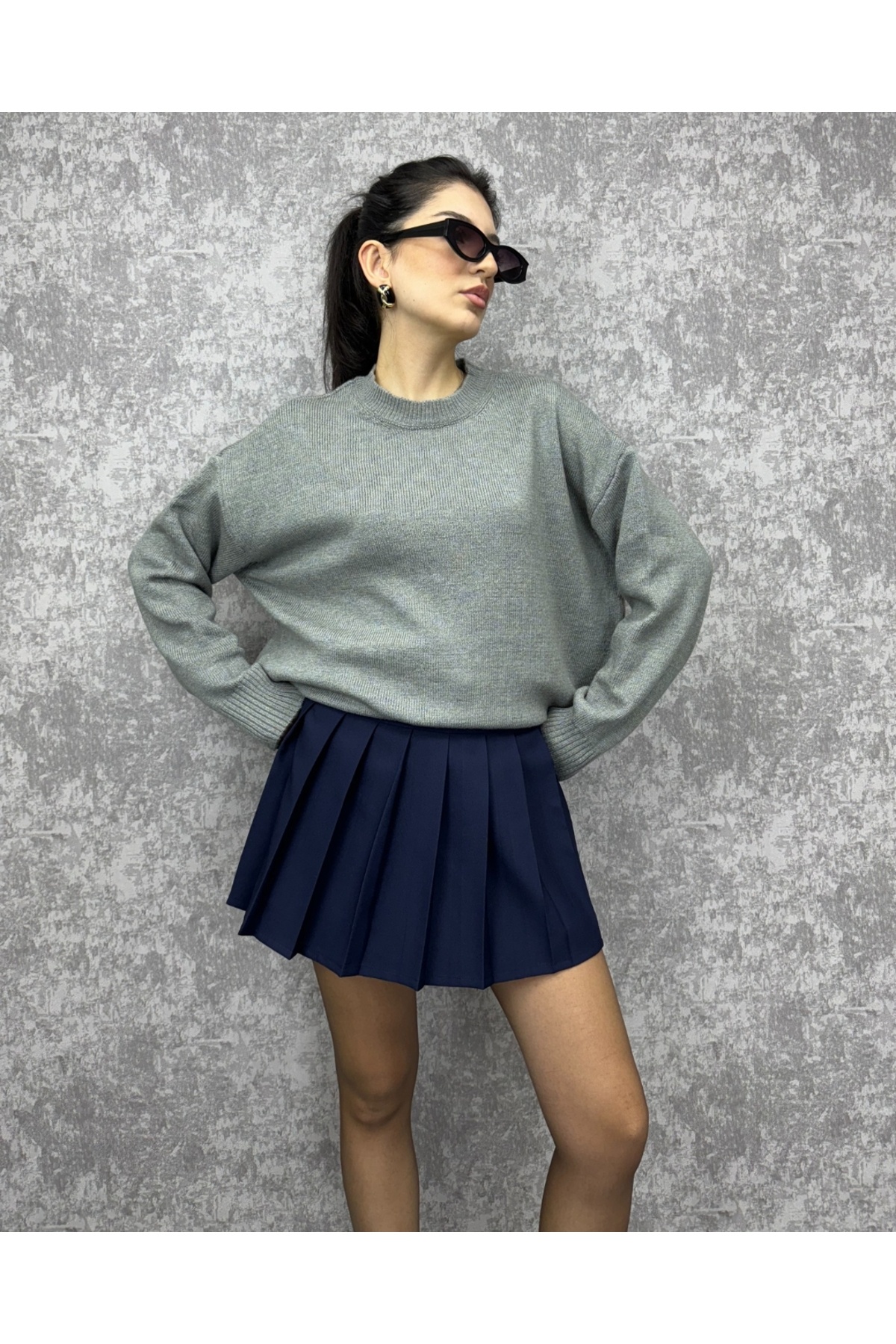 Gri Bisiklet Yaka Oversize Basic Kazak
