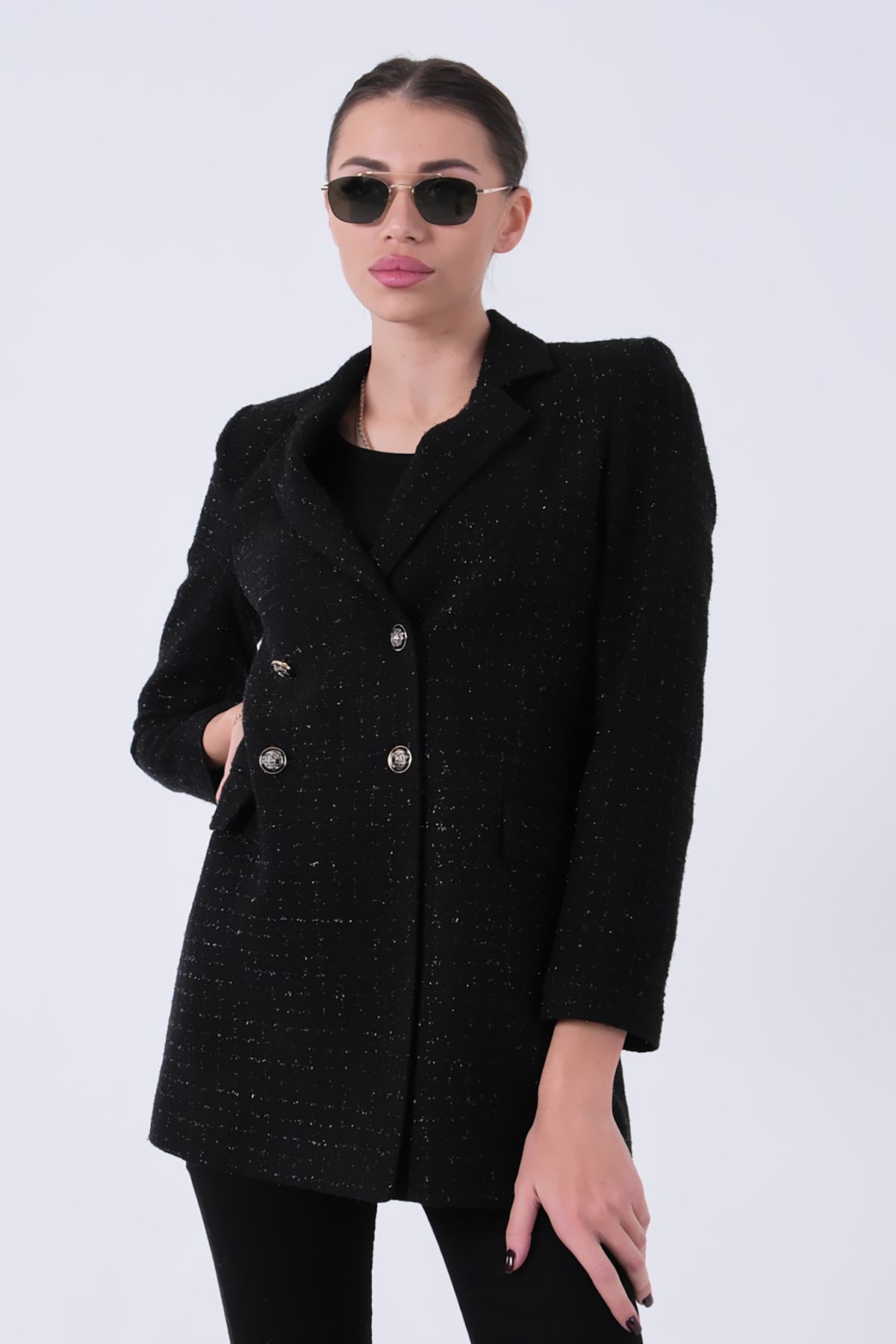 Feminist-Silvery Tweed Metal Button Jacket Black 0105138 7