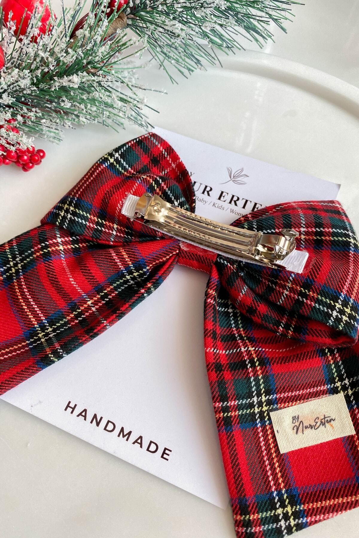 By Nur Erten-Red Plaid Patterned Bow Automatic Clip Hair Clip 5