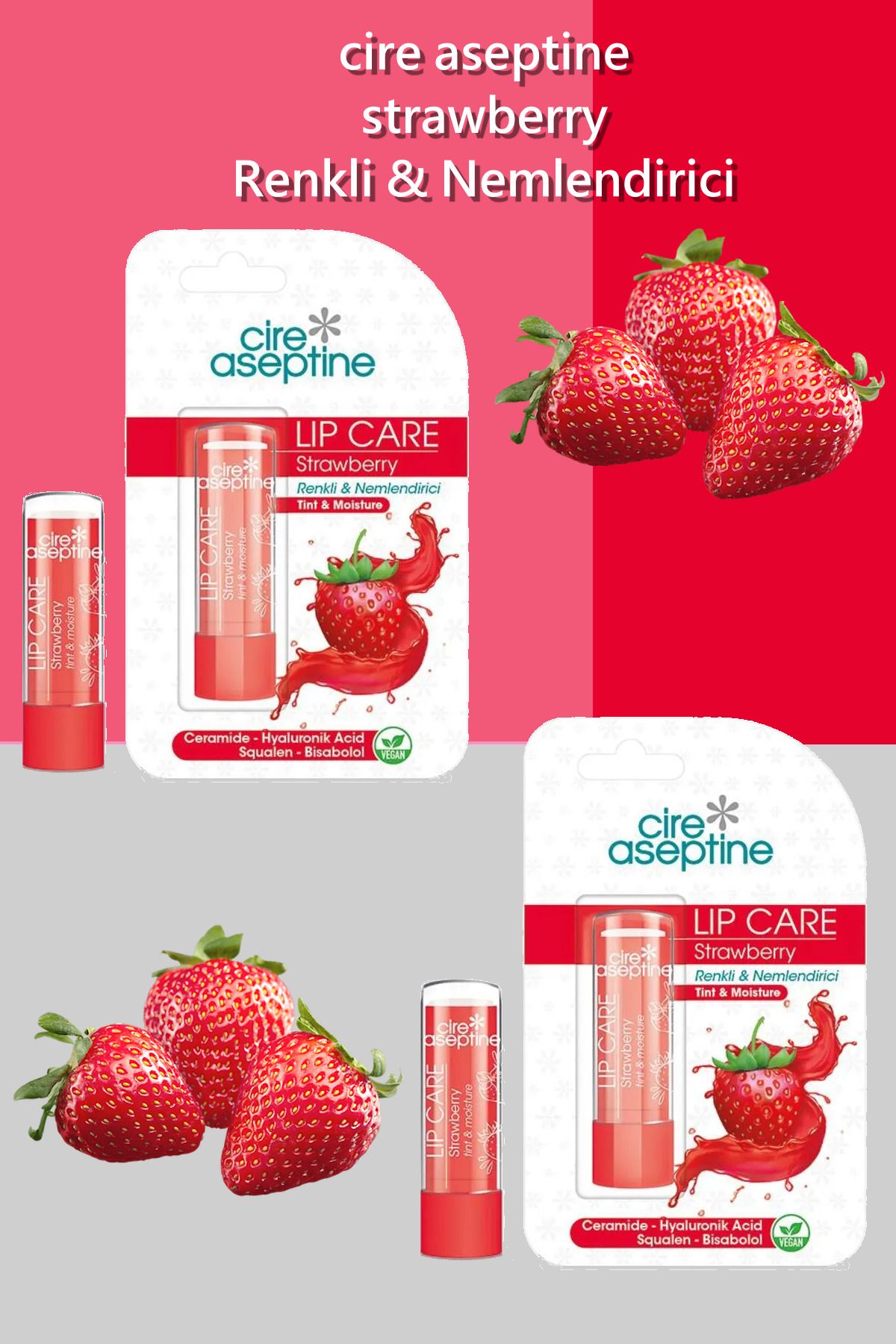 CIRE ASEPTINE Lip Care Strawberry (Çilek) Renkli Dudak Nemlendirici 4,5 G x 2 Adet