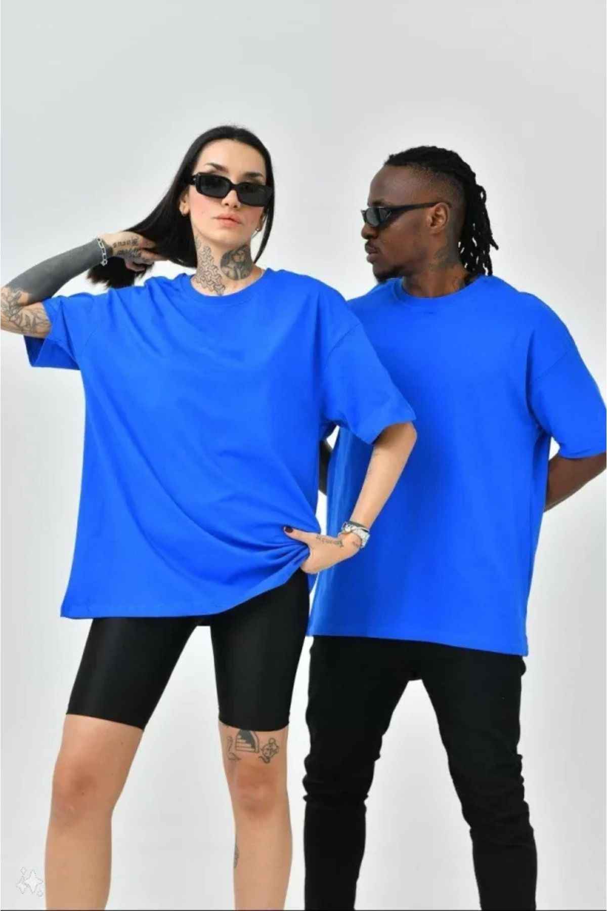 HobiDünyasıElif Unisex Basic Bisiklet Yaka Oversize T-Shirt - Mavi