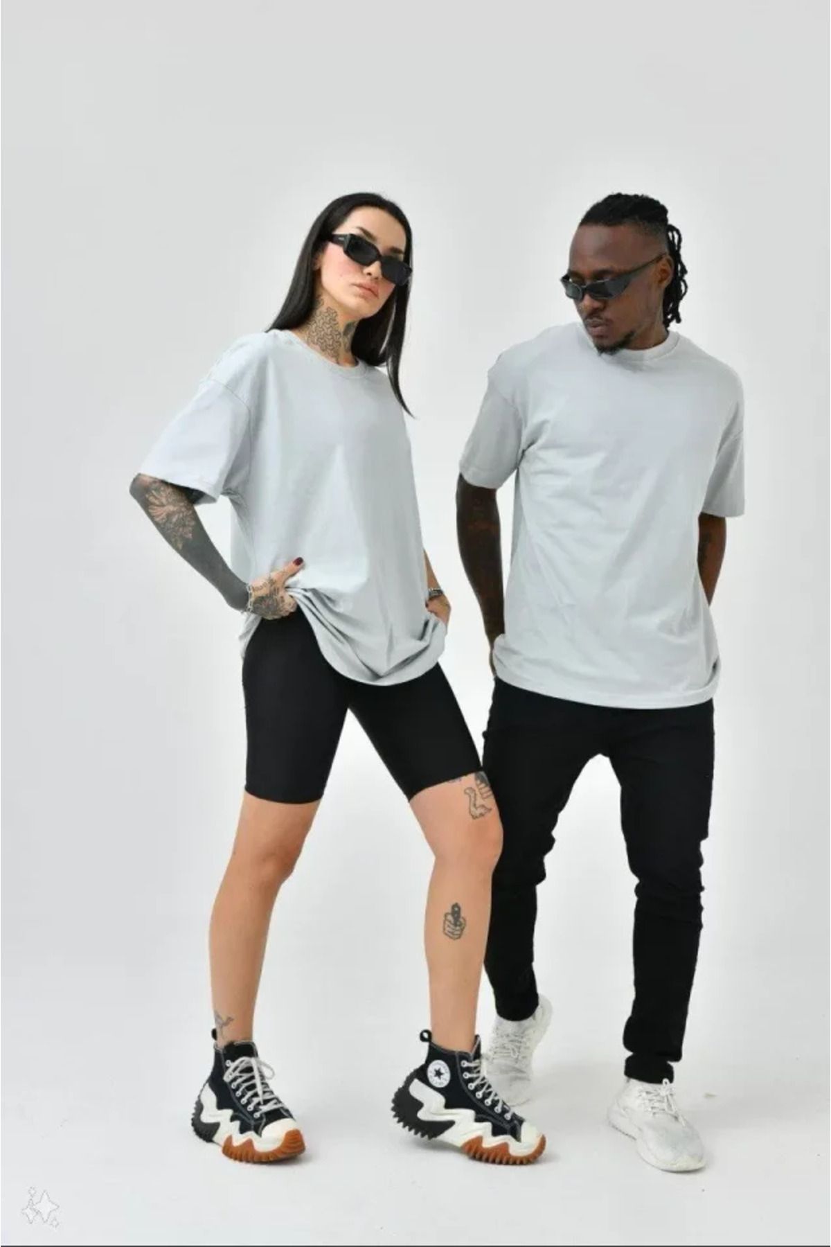 Leyaa Unisex Basic Bisiklet Yaka Oversize T-Shirt - Boyalı Gri