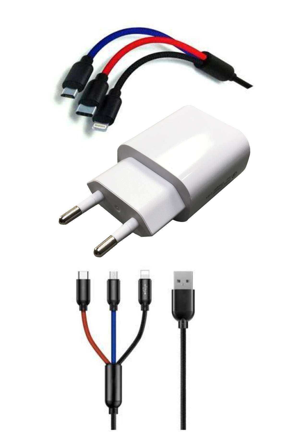 Easy Tedarik Çoklu Hızlı Şarj Kablosu ve Hızlı Şarj Soketi Type-C Mikro İphone Uyumlu 1.2 Metre 3A