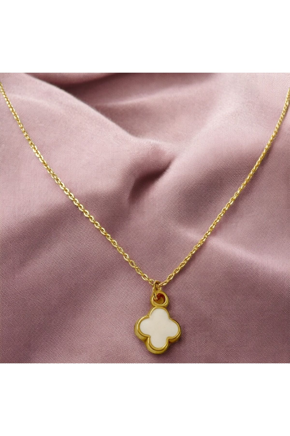 SAYILI COLLECTION-Gold Rimmed White 4 Leaf Clover Women's Necklace White Stylish and Elegant Necklace 1