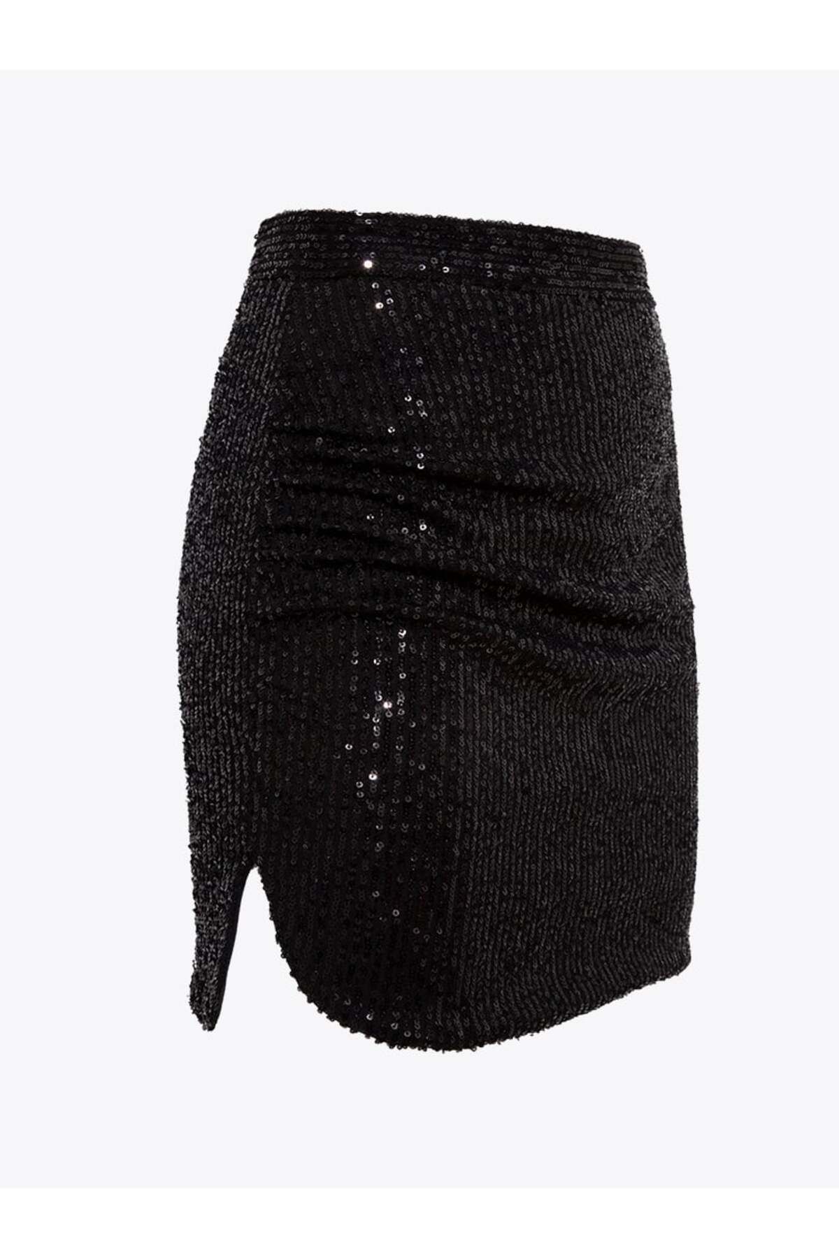 RİVUS-Sequin Skirt with Side Slits and Drape Detail - Black 3