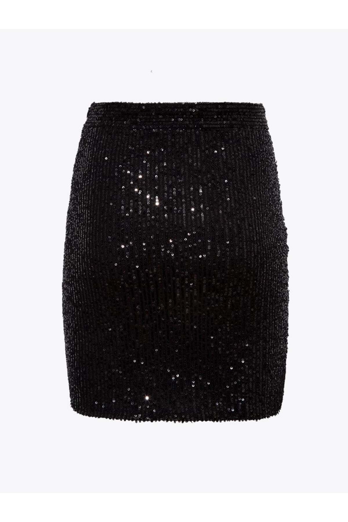 RİVUS-Sequin Skirt with Side Slits and Drape Detail - Black 2