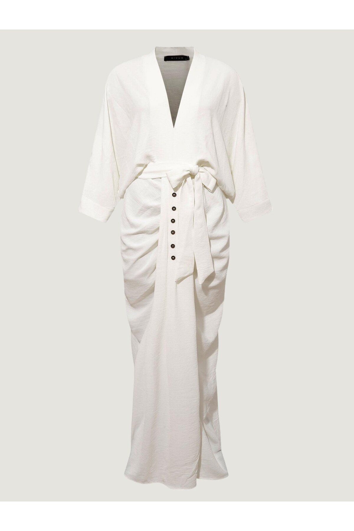 RİVUS-White Decorative Buttoned and Gathered Slit Dress 6