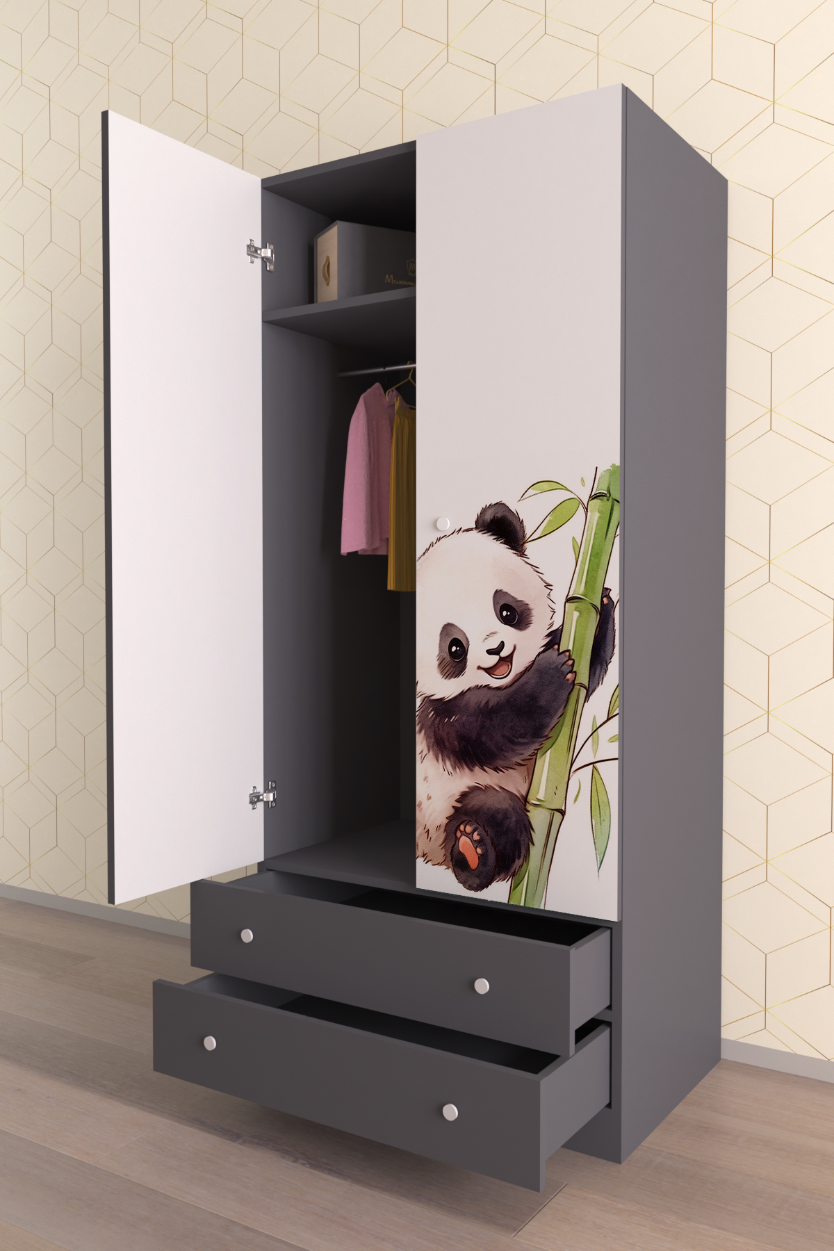 Hediyeler Kapında Çocuk Odası 2 Kapaklı Bamboo Gardırop 5 Raflı 2 Çekmeceli Askılı Elbise Dolabı fotoğrafı 3 (önizleme)
