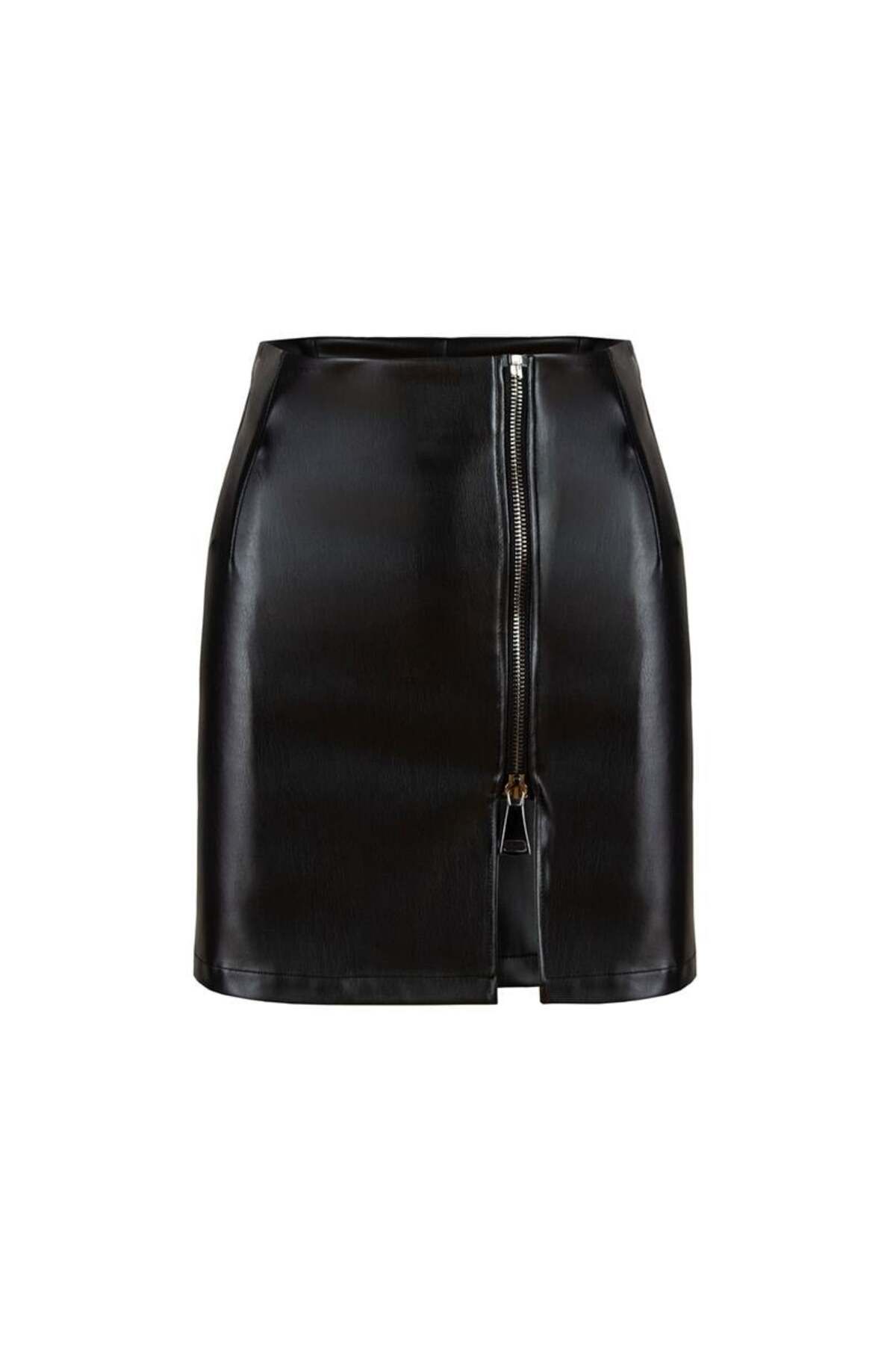 RİVUS-Zippered Vegan Mini Leather Skirt - Black 4