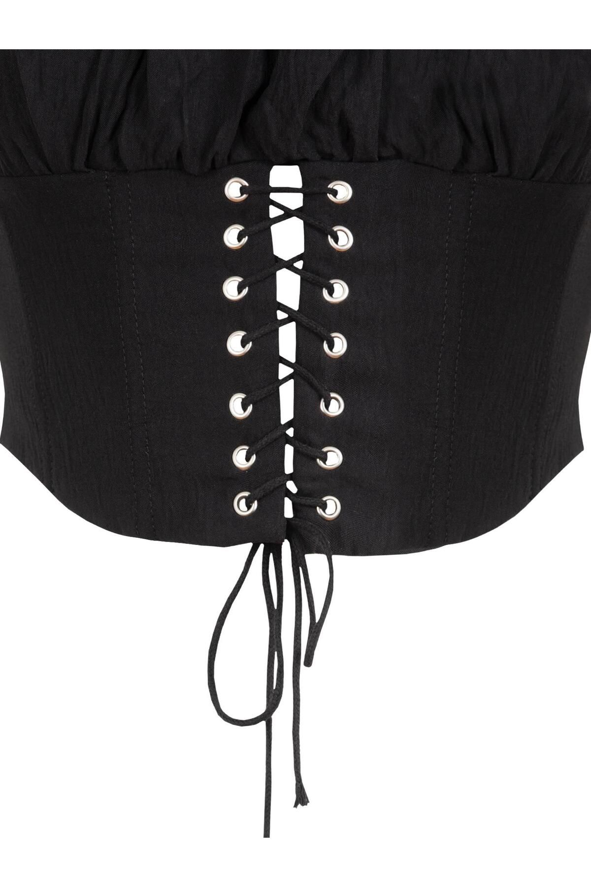 RİVUS-Black Gathered Low Sleeve Bustier 5