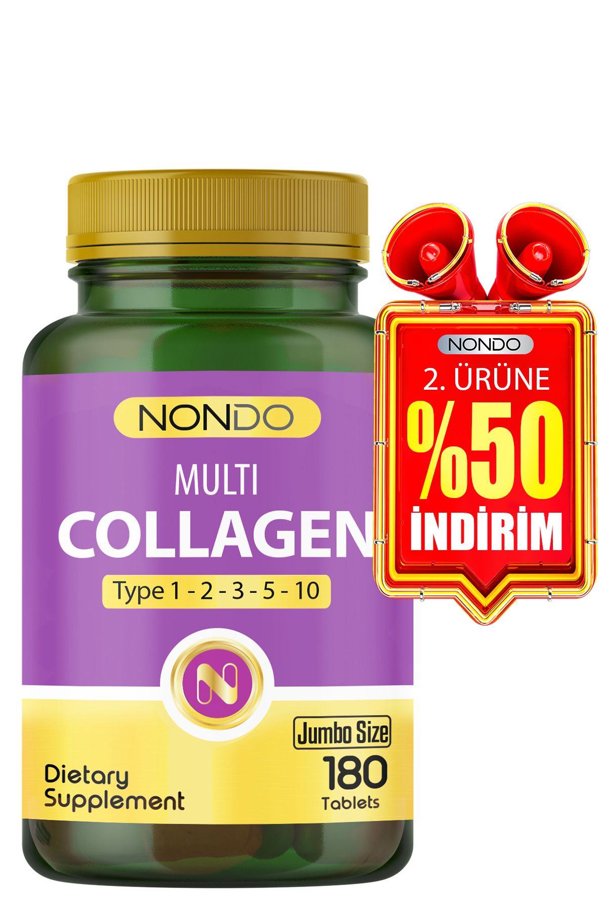 Nondo Multi Kolejen 180 Tablet (jumbo Boy 5 Çeşit Kolajen Tip 1-2-3-5-10 Hyalüronik Asit Çinko )