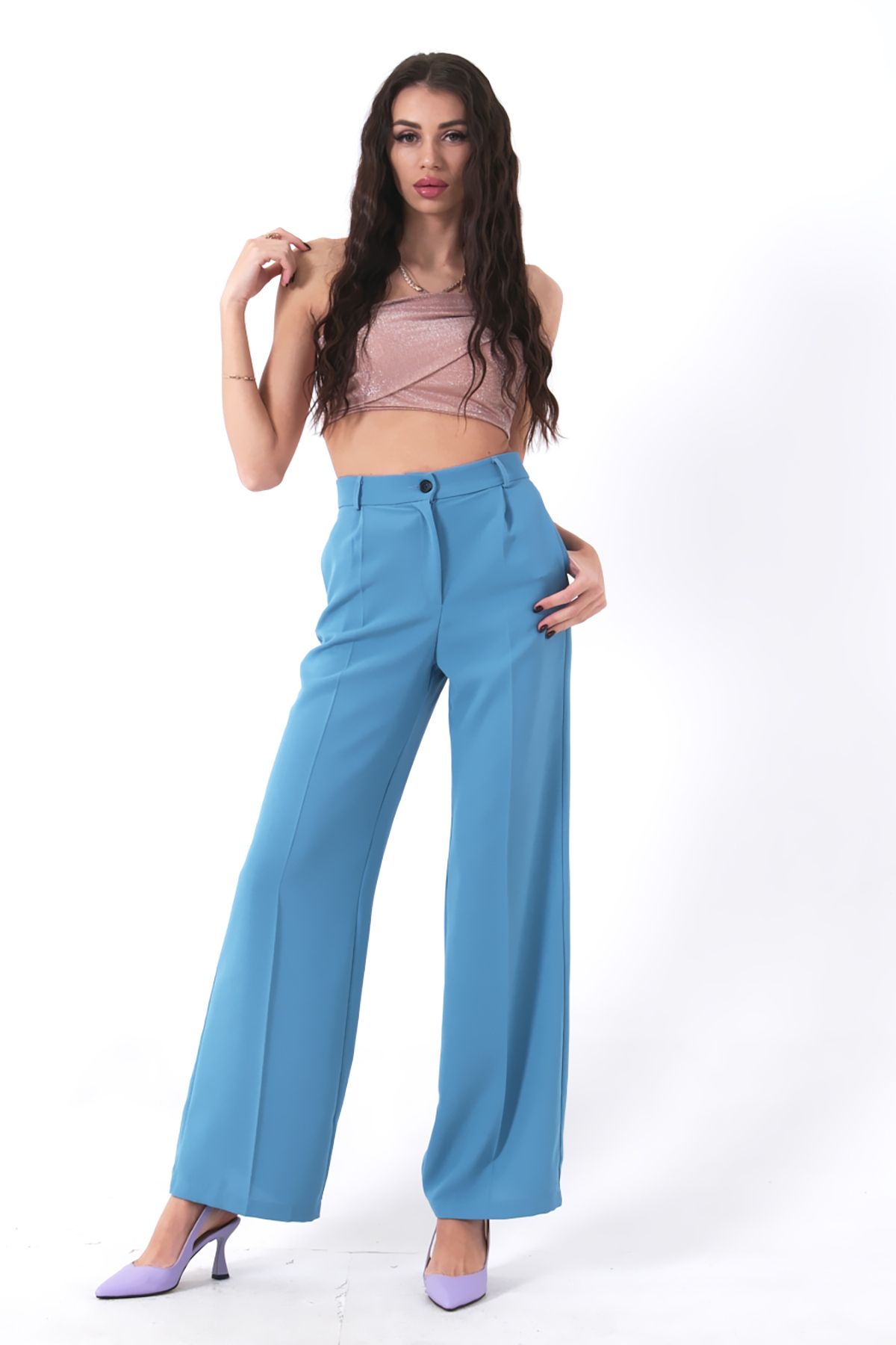 Feminist-High Waist Pleated Palazzo Trousers Baby Blue0102066 1