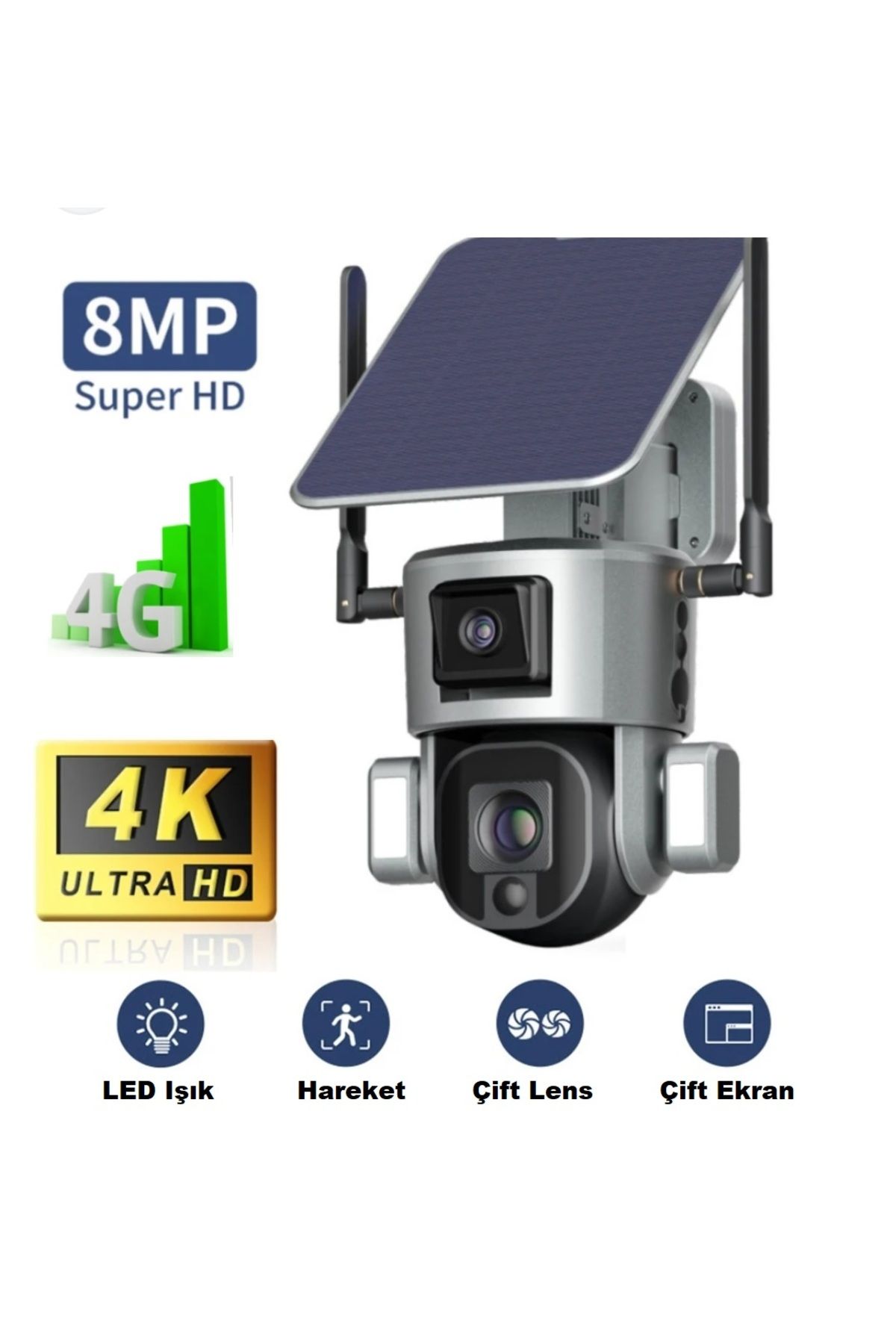 4g Solar Kamera 4k 8mp Çift Lensli Hareket Takipli 10x Optik Zoom Hafıza Kartı Dahildir
