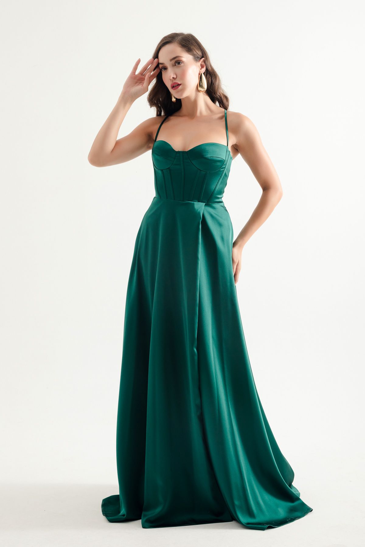 Lafaba-Emerald Green Satin Evening Dress - Long Dress with Straps 2