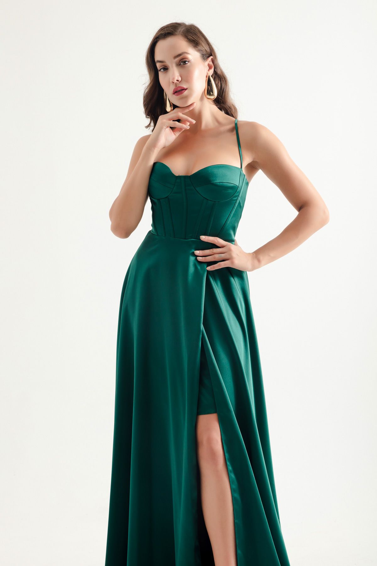 Lafaba-Emerald Green Satin Evening Dress - Long Dress with Straps 3