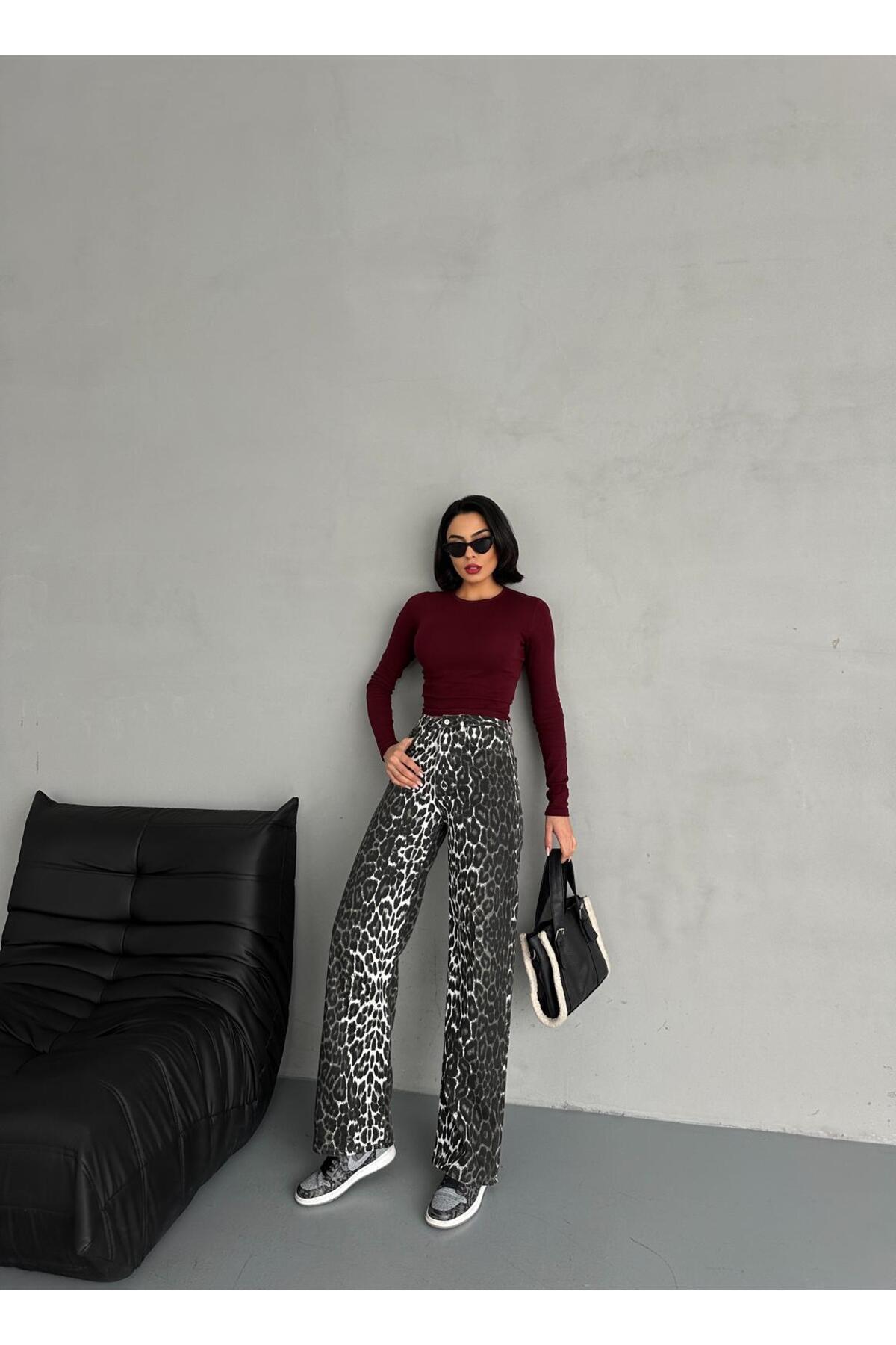 Zeo Basic-Leopard Print Zeo Basic Wide-Leg Pants - Khaki 3