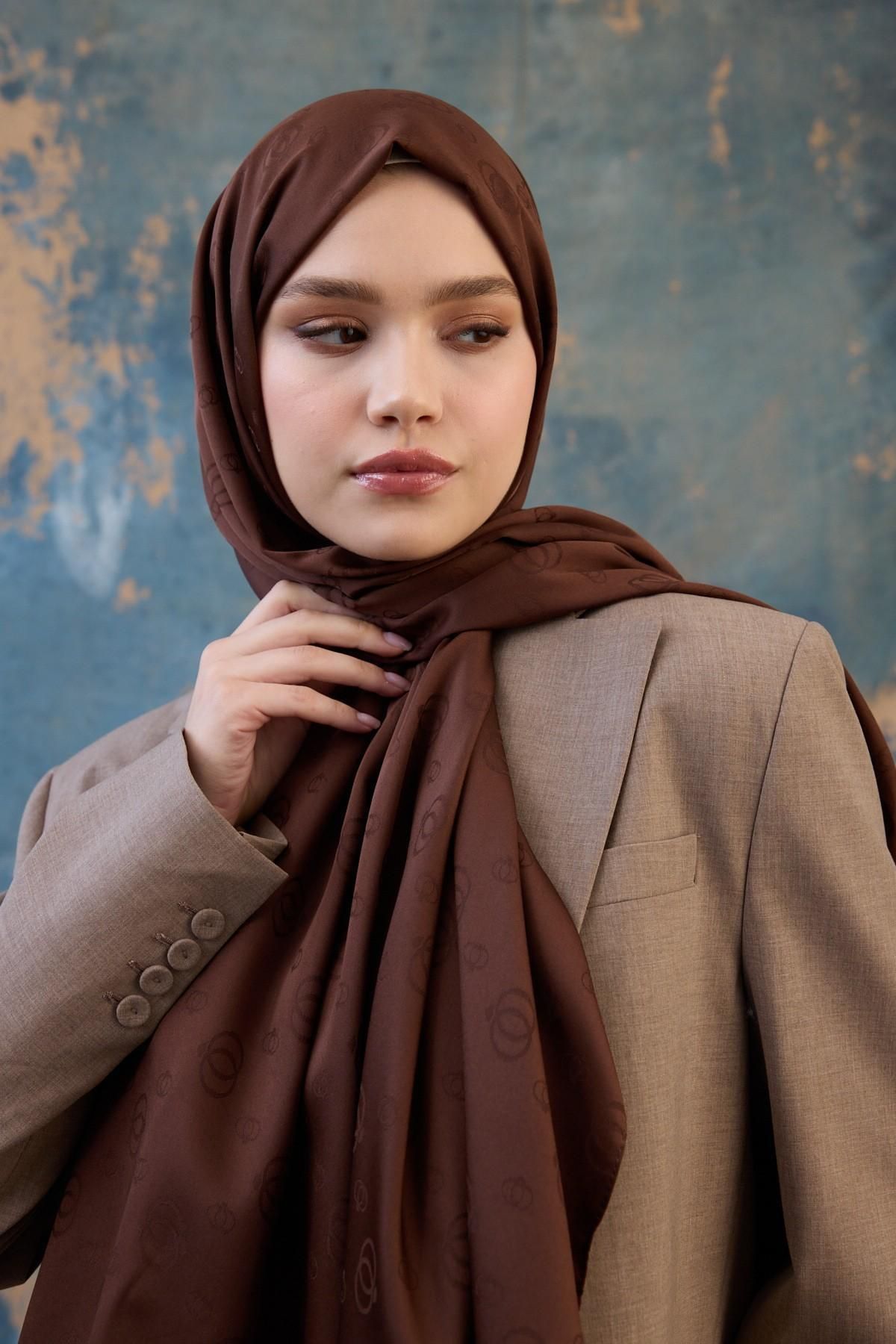 İpekhan-Fall Winter Silky Jacquard Shawl Brown 9018-08 1