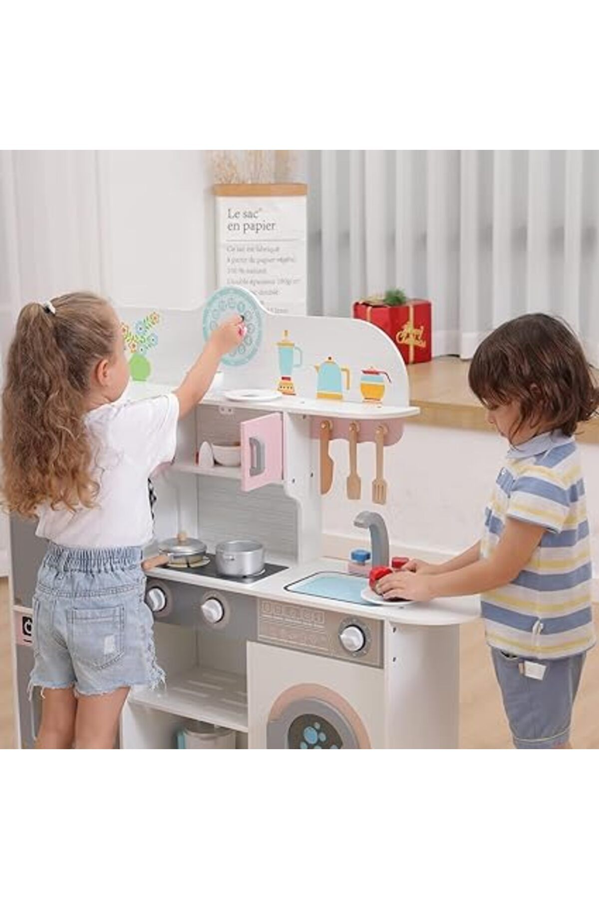 ALBADER-Kids Kitchen Playset, Children Play Kitchen for Toddler With accessories, Wooden Kitchen Toy 4